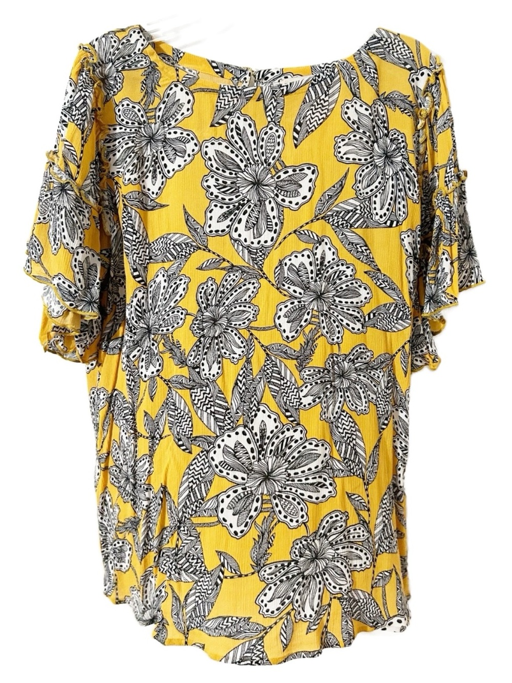 LOFT Mustard Yellow Floral Flutter Sleeve Blouse Siz Small Black White Botanical